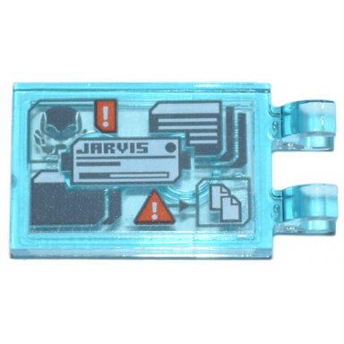 trans-light blue tile modified 2 x 3 with 2 open o clips with digital display jarvis ultron helmet and orange warning exclamation marks pattern sticker - set 76269