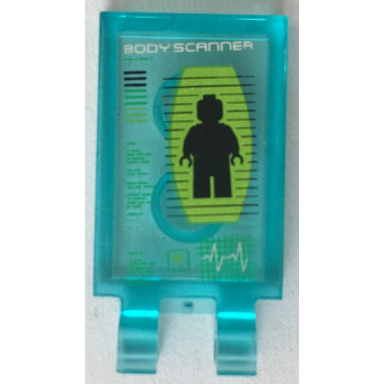 trans-light blue tile modified 2 x 3 with 2 u clips with body scanner and black minifigure pattern sticker - set 70704