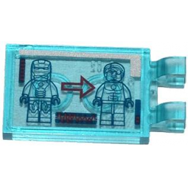trans-light blue tile modified 2 x 3 with 2 clips with iron man red arrow and tony stark pattern sticker - set 76007