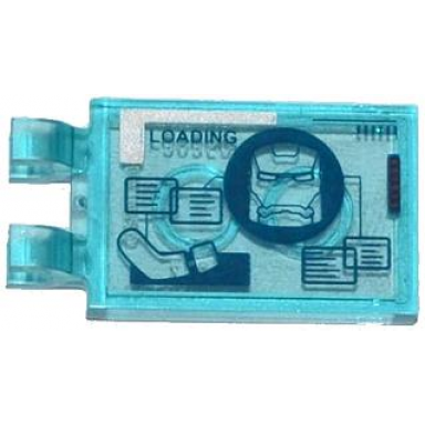 trans-light blue tile modified 2 x 3 with 2 clips with loading minifigure arm and iron man mask pattern sticker - set 76007