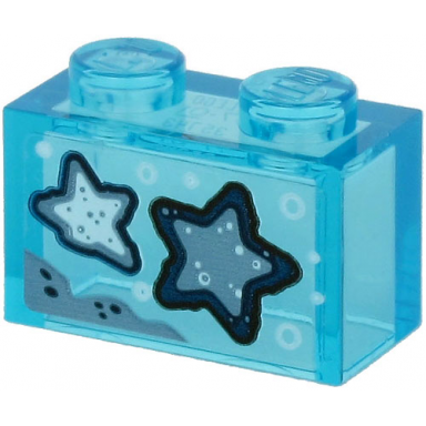 trans-light blue brick 1 x 2 without bottom tube with 2 blue starfish on transparent background pattern sticker - set 60266