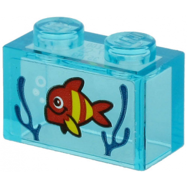 trans-light blue brick 1 x 2 without bottom tube with red fish with yellow stripes and dark blue seagrass on transparent background pattern sticker - set 60266