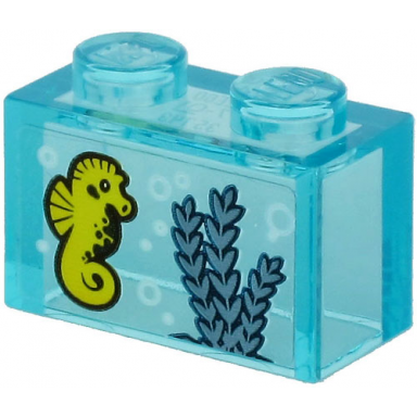 trans-light blue brick 1 x 2 without bottom tube with yellow seahorse and sand blue seagrass on transparent background pattern sticker - set 60266