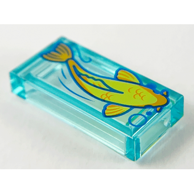 trans-light blue tile 1 x 2 with bright light orange koi fish facing left pattern