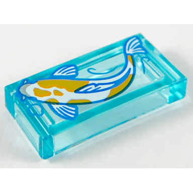 trans-light blue tile 1 x 2 with white koi fish with dark orange spots facing right pattern