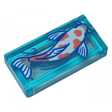 trans-light blue tile 1 x 2 with white koi fish with coral spots pattern