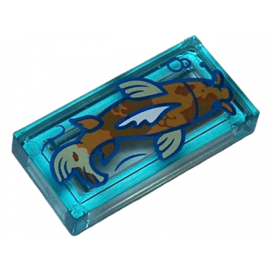 trans-light blue tile 1 x 2 with dark orange koi fish with reddish brown spots pattern