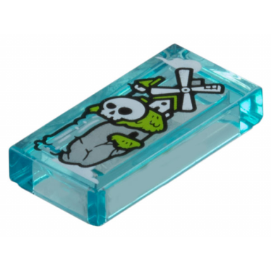trans-light blue tile 1 x 2 with light bluish gray rock lime grass white windmill skull and waterfall pattern