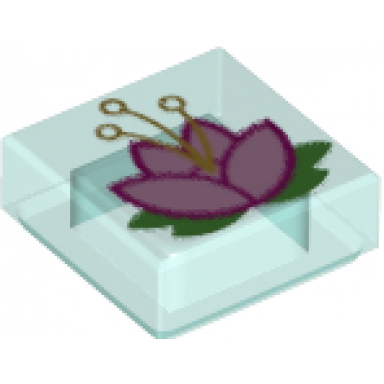 trans-light blue tile 1 x 1 with magenta and metallic pink lily and green lily pad pattern