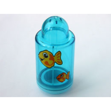 trans-light blue primo brick round 1 x 1 x 2 with shaker top with fish pattern