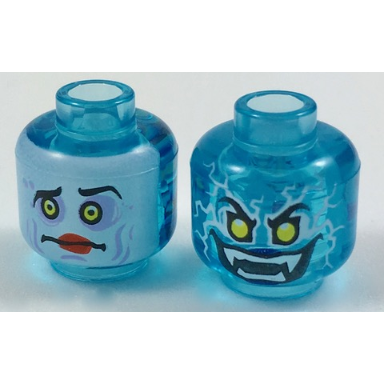 trans-light blue minifigure head dual sided yellow eyes lightning teeth with fangs evil smile white face sunken eyes red lips confused pattern