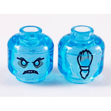 trans-light blue minifigure head white face black eyebrows bright light blue eyes scowl ponytail in back pattern
