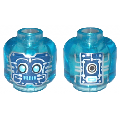 trans-light blue minifigure head alien robot with medium azure eyes and mouth dark blue panels with silver circuitry and circles pattern