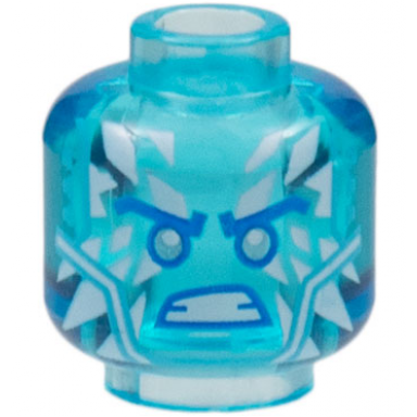 trans-light blue minifigure head dark azure eyebrows silver eyes white teeth ice on forehead and cheeks scowl pattern