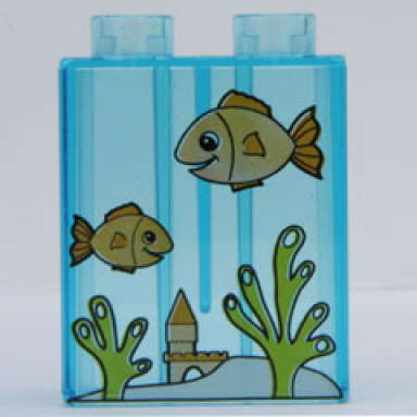 trans-light blue duplo brick 1 x 2 x 2 with aquarium and fish pattern