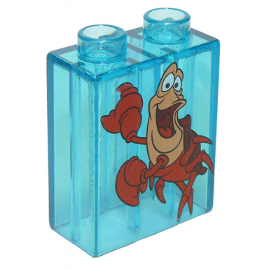 trans-light blue duplo brick 1 x 2 x 2 with crab sebastian pattern