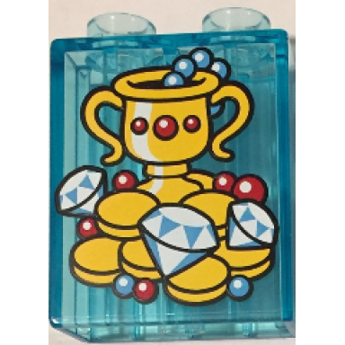 trans-light blue duplo brick 1 x 2 x 2 with goblet jewelry and gold coins pattern