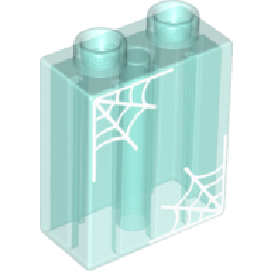 trans-light blue duplo brick 1 x 2 x 2 with 2 spider webs pattern