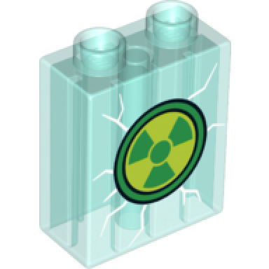 trans-light blue duplo brick 1 x 2 x 2 with radiation pattern