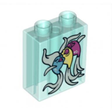 trans-light blue duplo brick 1 x 2 x 2 with 3 singing fish pattern