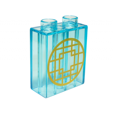 trans-light blue duplo brick 1 x 2 x 2 with gold squares in circle pattern