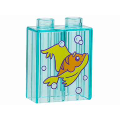 trans-light blue duplo brick 1 x 2 x 2 with orange and yellow fish and white bubbles with dark purple outlines pattern