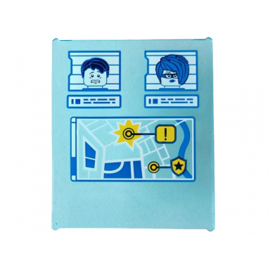 trans-light blue glass for window 1 x 6 x 6 flat front with yellow blue and white gps map screen and 2 crook minifigures pattern