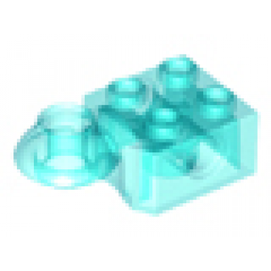 trans-light blue technic brick modified 2 x 2 with pin hole and rotation joint ball half horizontal