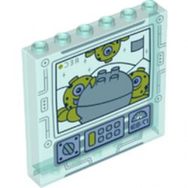 trans-light blue panel 1 x 6 x 5 with aliens and rock boulder on screen with buttons and dials pattern