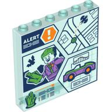 trans-light blue panel 1 x 6 x 5 with control screen with alert orange warning sign city map dark blue batwing joker minifigure rock crystal and car pattern