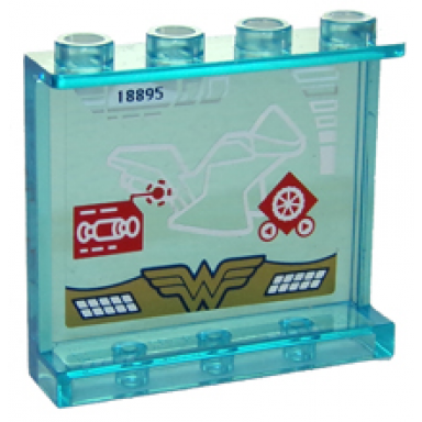 trans-light blue panel 1 x 4 x 3 with side supports - hollow studs with motorcycle and wonder woman logo on transparent background pattern on inside sticker - set 41235
