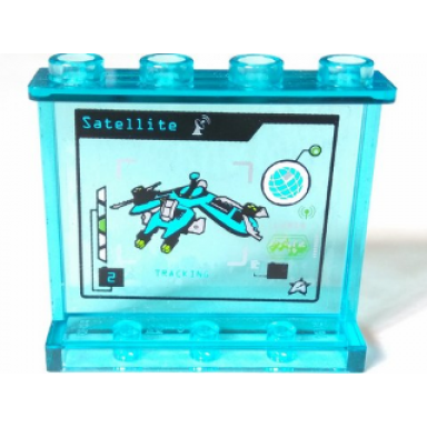 trans-light blue panel 1 x 4 x 3 with side supports - hollow studs with satellite tracking and psyclones flyer on screen pattern on inside sticker - set 70165
