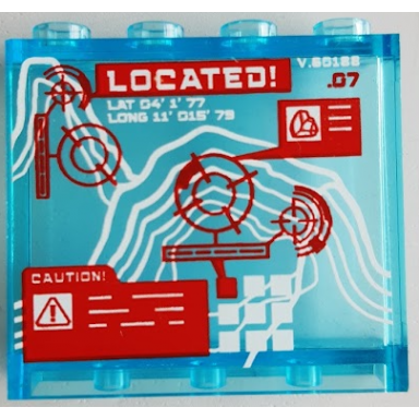 trans-light blue panel 1 x 4 x 3 with side supports - hollow studs with red crosshairs located! and caution! on white map pattern sticker - set 60188