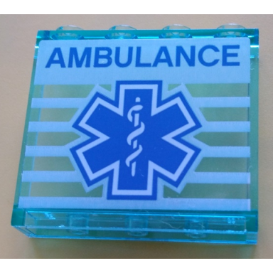 trans-light blue panel 1 x 4 x 3 with side supports - hollow studs with blue ambulance and emt star of life on white striped background pattern sticker - set 60204