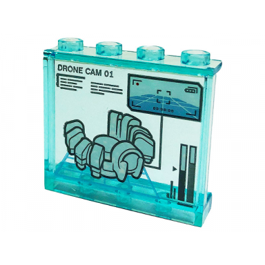 trans-light blue panel 1 x 4 x 3 with side supports - hollow studs with display screen with drone cam 01 spider and bar chart pattern sticker - set 76175