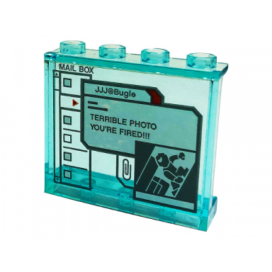 trans-light blue panel 1 x 4 x 3 with side supports - hollow studs with display screen with mail box jjj@bugle terrible photo youre fired!!! and spider-man pattern sticker - set 76175