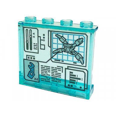 trans-light blue panel 1 x 4 x 3 with side supports - hollow studs with display screen with x4 writing mechanical arms with barbs and bar chart pattern sticker - set 76175