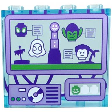 trans-light blue panel 1 x 4 x 3 with side supports - hollow studs with miles morales green goblin ghost-spider and sandman heads and lighthouse on control screen pattern