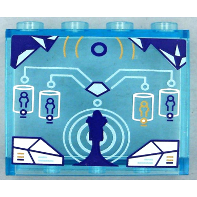 trans-light blue panel 1 x 4 x 3 with side supports - hollow studs with head-up display hud dark purple ice crystals metallic light blue circuitry concentric circles and 4 minifigures in white chambers pattern sticker - set 41239