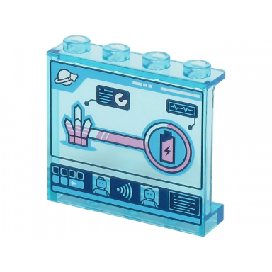 trans-light blue panel 1 x 4 x 3 with side supports - hollow studs with control screen with metallic pink crystal and battery charge space logo and minifigures pattern