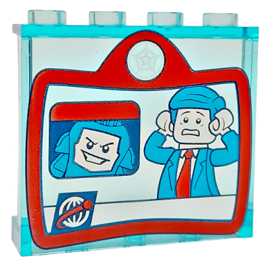 trans-light blue panel 1 x 4 x 3 with side supports - hollow studs with zola and news anchor on screen with red border and white spider web pattern