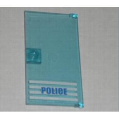 trans-light blue door 1 x 4 x 6 with stud handle with police blue on white stripes bold font pattern sticker - sets 7498 7744