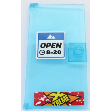 trans-light blue door 1 x 4 x 6 with stud handle with open 8-20 sign and yellow x treme pattern stickers - set 60203
