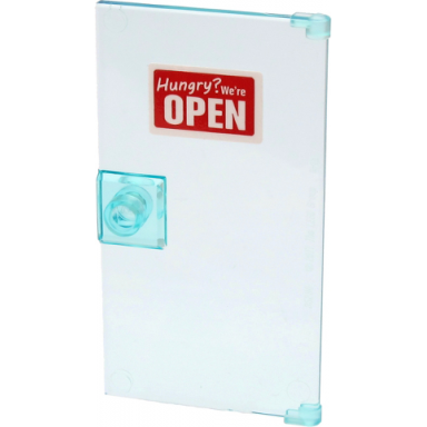 trans-light blue door 1 x 4 x 6 with stud handle with red and white sign hungry? were open pattern sticker - set 60271
