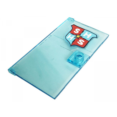 trans-light blue door 1 x 4 x 6 with stud handle with bright light orange star medium azure and red shhs shield super hero high school pattern sticker - set 41232