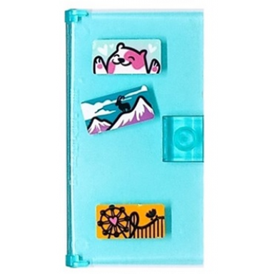trans-light blue door 1 x 4 x 6 with stud handle with postcards of hamster goat on snow top mountains rollercoaster pattern stickers - set 41395