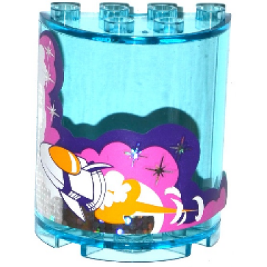 trans-light blue cylinder half 2 x 4 x 4 with white pink and dark purple clouds rocket ship and 6 stars pattern sticker - set 41128