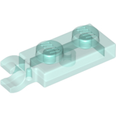 trans-light blue plate modified 1 x 2 with clip on end horizontal grip