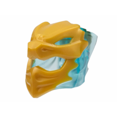 trans-light blue minifigure headgear helmet with flames on back with molded pearl gold dragon face pattern