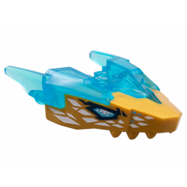trans-light blue dragon head ninjago jaw upper with horns with molded pearl gold face and printed medium azure eyes and white crystals pattern
